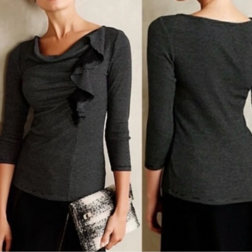Deletta (Anthropologie) Ophelia Wafffle Charcoal 3-4‎ Sleeve Top Lace Ruffle
